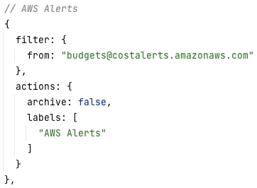 A screenshot of a filter and action set definition for labeling AWS Budget alert emails using gmailctl.