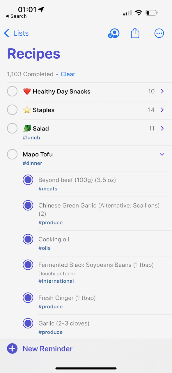 We use an Apple Reminders list to track our recipes and sub-items on each recipe to track the ingredients we need to buy.